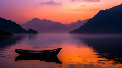 Serene Sunset: The Calmness of a Lakeside Evening coupled with a Majestic Mountain Backdrop