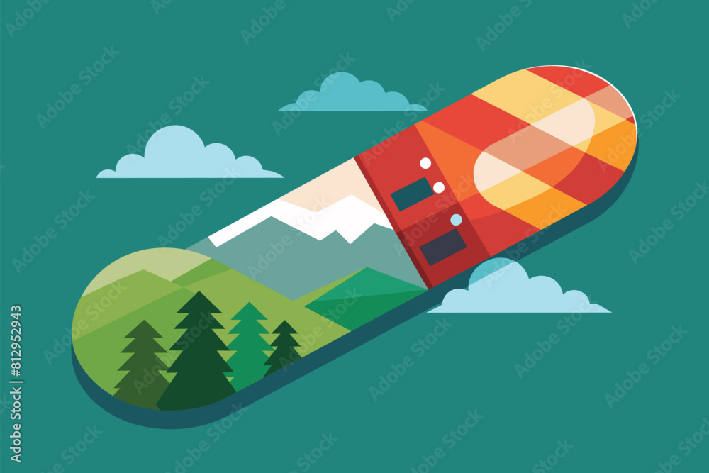 Poster Rocket ship flying through the sky with mountains in the background, Para snowboard Customizable Flat Illustration