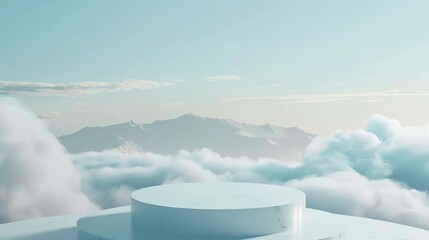 Surreal podium outdoors on sky blue pastel soft cloud with misty mountain nature landscape background.Beauty cosmetic product placement pedestal present minimal display,summer paradise dreamy concept