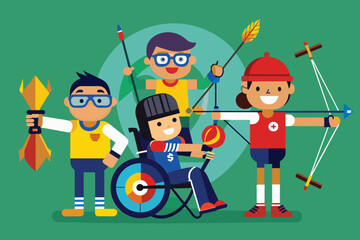 A group of individuals holding archery bows and arrows, preparing to practice their archery skills, Paralympic archery Customizable Cartoon Illustration