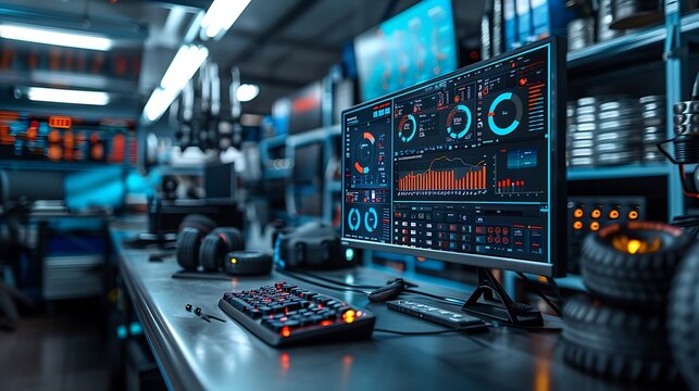 Hyperrealistic view of a monitor in an automotive testing facility displaying detailed car diagnostics, focusing on engine performance metrics with sharp, clear digital visuals, no people.