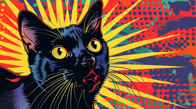 Pop art comic black cat poster. Colorful background in pop art retro comic style.
