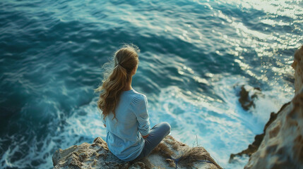 Fototapeta premium Woman meditates on a cliff overlooking the ocean. 