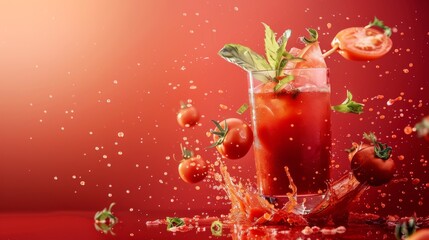 A glass of red tomato juice with a splash of tomato juice on the table