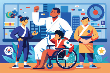 Fototapeta premium A man in a wheelchair speaking to a diverse group of individuals in a meeting or presentation, Paralympic judo Customizable Disproportionate Illustration
