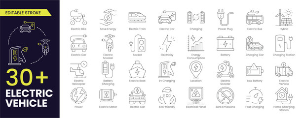 Electric Vehicle Stroke icon collections. Containing electric car, charging station, battery, EV charging, e-bike, hybrid, e-car, electric scooter and power. Editable Outline icon collection