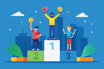 A group of individuals standing on a winners podium celebrating their victory, Paralympic winners podium Customizable Disproportionate Illustration
