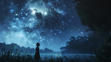 Fototapeta premium A woman stands in a field of grass, looking up at the stars