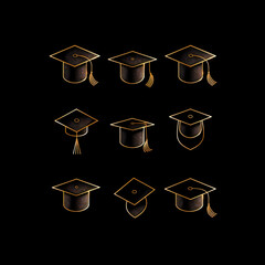 Gold graduation caps, various angles, academic achievement.
