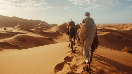 Arabic man with camels in the desert of Dubai, United Arab Emirates.