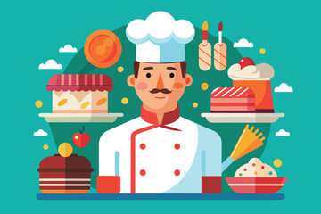 A man wearing a chefs hat stands in front of a selection of cakes in a bakery, Pastry chef Customizable Semi Flat Illustration