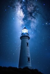 Lighthouse with light shining in the night sky, with stars and moonlight.