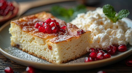 A plate with a piece of pastry pie with raisins, next to it lies cottage cheese sprinkled with pomegranate seeds.