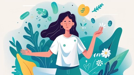 Create a flat vector illustration of a woman practicing mindfulness in a natural setting