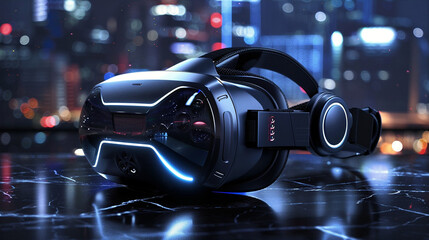 Futuristic virtual reality headset with neon lights reflecting on a marble surface.