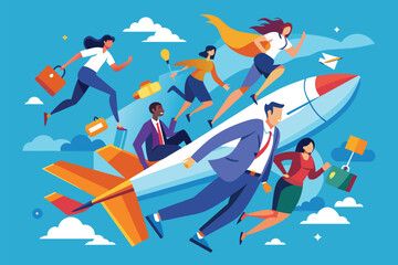 A group of people soar through the sky on a rocket, People flying Customizable Disproportionate Illustration