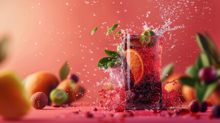 Vibrant fruit cocktail with a dynamic splash, featuring a slice of orange and berries, set against a bold red background. Dynamic Splash in Fruit Cocktail Glass on Red Background

