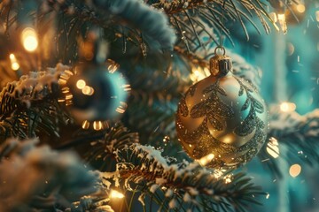 Closeup of a glittering christmas bauble hanging on a snowdusted fir tree with soft glowing lights - Powered by Adobe