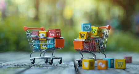 Online shopping cart representing the e-commerce sales, two digital mini shopping carts placed next to each other 