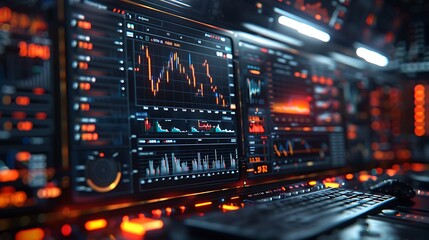 Obraz premium A modern financial monitor displaying high-resolution stock market data, graphs and numbers glowing against a dark backdrop, showcasing advanced digital visualization techniques, no people.