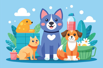Naklejka premium A group of dogs and cats are sitting next to each other in this customizable cartoon illustration, Pet care Customizable Cartoon Illustration