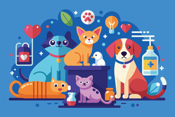 Fototapeta premium A group of dogs and cats sitting next to each other, Pet care Customizable Disproportionate Illustration