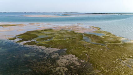 Drone photography of low tide and sandbars at Honeymoon Island and Caladesi Island