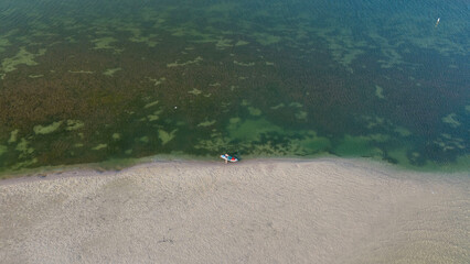 Drone photo of kayaks on the white sandbar on the waters of Tampa Bay, Florida