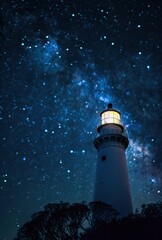 Lighthouse with light shining in the night sky, with stars and moonlight.