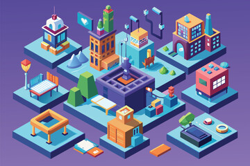 Various types of buildings and furniture displayed in a customizable isometric illustration, Project stages Customizable Isometric Illustration