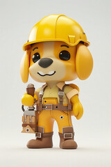 A cheerful yellow puppy wearing a hard hat and carrying a hammer is ready to build your dreams.