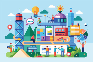 People standing atop a building, overlooking the cityscape, Project stages Customizable Semi Flat Illustration