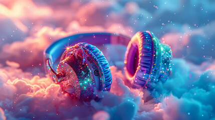 A pair of headphones adorned with musical notes and glitter, each colored with a different hue of the rainbow pride flag, resting on a bed of fluffy white clouds.