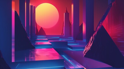 A minimalist illustration featuring an abstract visualization with geometric shapes and neon lights, emphasizing creativity and art