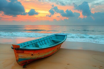 Fototapeta premium Boat Rests on Beach at Sunset