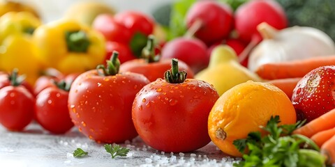 Closeup of colorful fresh fruits and vegetables promoting food safety and healthy eating. Concept Healthy Eating, Food Safety, Fresh Produce, Colorful Fruits, Closeup Photography