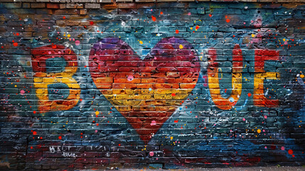 A vibrant graffiti art mural depicting a message of love and acceptance, with elements incorporating the colors of the LGBTQIA+ pride flag, on a weathered brick wall.