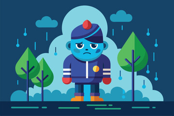 Fototapeta premium A cartoon character standing under the rain, getting wet while looking up at the sky, Raining Customizable Disproportionate Illustration