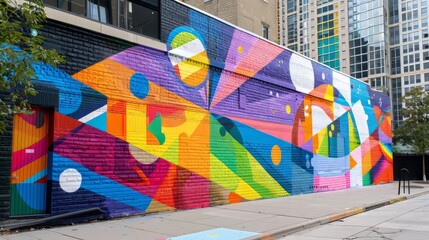 geometric mural of bright colors and shapes painted on a brick wall.