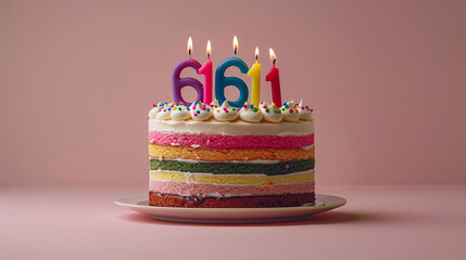 A birthday cake decorated with rainbow frosting and candles shaped like the numbers "6" in celebration of Pride Month, against a light pink background.