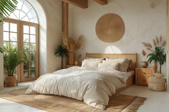 Sunny Boho Chic Bedroom with Arched Windows and Neutral Tones

