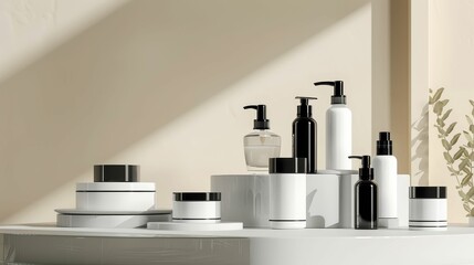 A minimalist display of empty cosmetic products with a focus on sleek, contemporary packaging designs against a soft-focus backdrop