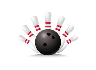 realistic Bowling ball game crashing into the pins. Illustration of bowling strike isolated on white background.