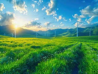 wind farm with multiple turbines set against a lush green landscape under a clear blue sky with scattered clouds. It highlights renewable energy integration in natural surroundings.
