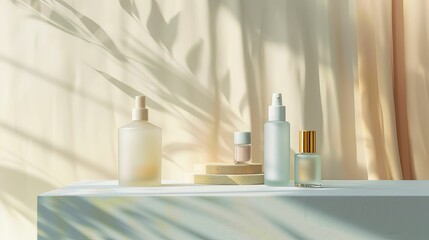 A minimalist display of empty cosmetic products with a focus on sleek, contemporary packaging designs against a soft-focus backdrop