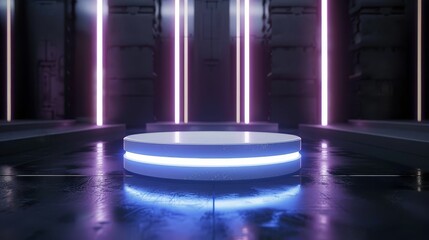 A futuristic white podium glowing in neon lights against a defocused dark backdrop, representing high-tech presentation