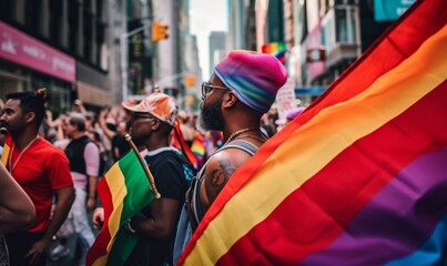 An exuberant crowd of diverse individuals at a Pride event, celebrating LGBTQ+ rights and unity with colorful flagsuse in LGBTQ+ awareness campaigns, social justice platforms, Pride Month promotions, 
