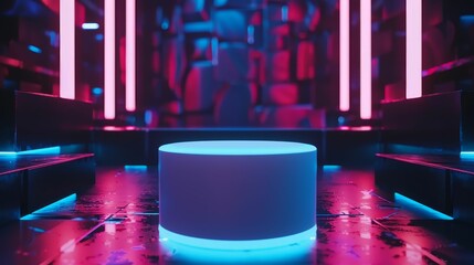 A futuristic white podium glowing in neon lights against a defocused dark backdrop, representing high-tech presentation