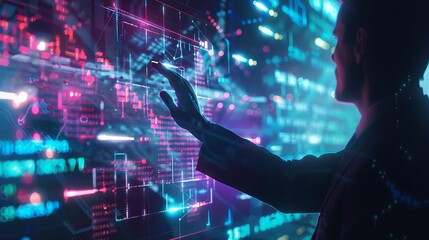 A futuristic businessman in a digital landscape, interacting with a floating virtual chart featuring dynamic graphs and data points