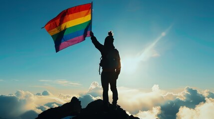  person stands on a mountaintop waving a rainbow flag.
